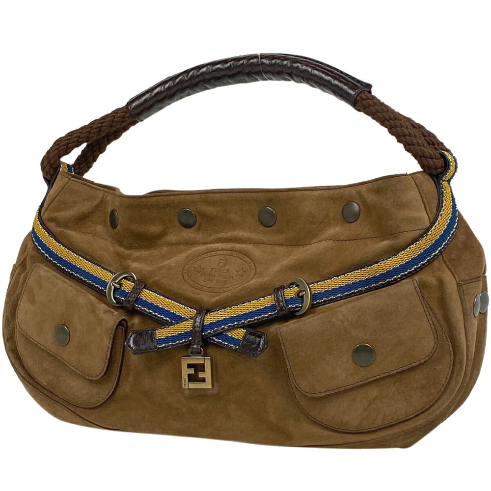 Fendi logo handbag tote bag One Shoulder Hobo suede brown